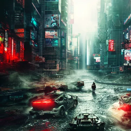 Prompt: a giant terrifying stream destroying a dystopian city, cyberpunk, sharp focus, dynamic lights, still, photograph, hyper realistic, masterpiece, octane render, rendered, 3 d, cinematic, cinematic lighting, dramatic lighting, highly detailed, intricate details, texture, cinematic composition, by donglu yu and kevin jick and eddie del rio