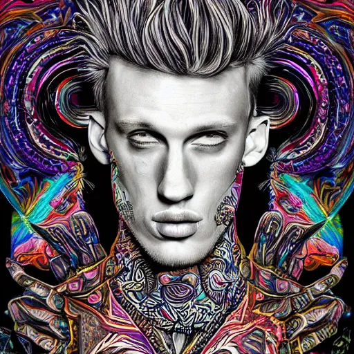 Prompt: an extremely psychedelic portrait of mgk, surreal, lsd, face, detailed, intricate, elegant, lithe, highly detailed, digital oth, sharp focus, illustration,