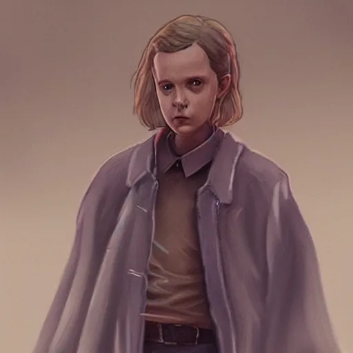 Prompt: Concept art, Eleven from 'Stranger Things' Season 3 (2019), with long hair, as Obi-Wan Kenobi, wearing Jedi robes, holding a lightsabre