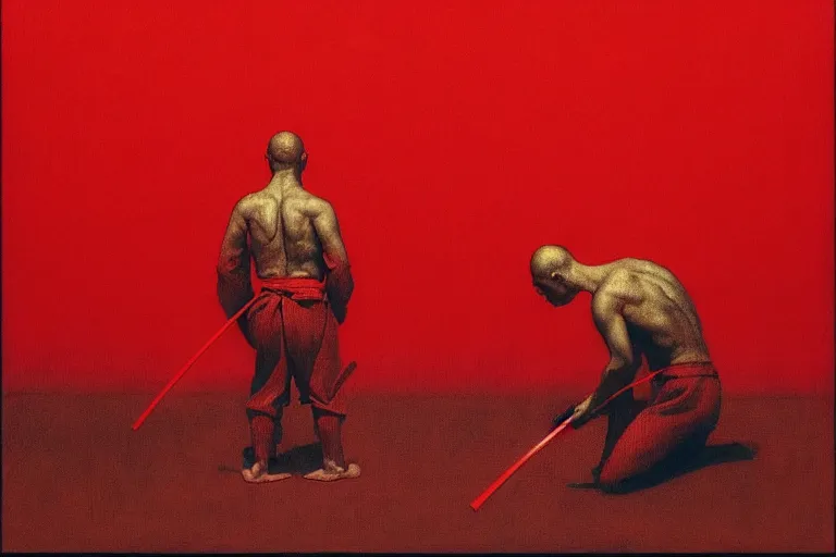 Image similar to only with red, a red samurai do seppuku, tokio, a lot of frogs watch, in the style of beksinski, parts by edward hopper, parts by rodcenko, parts by yue minjun, intricate and epic composition, red by caravaggio, insanely quality, highly detailed, masterpiece, red light, artstation, 4 k