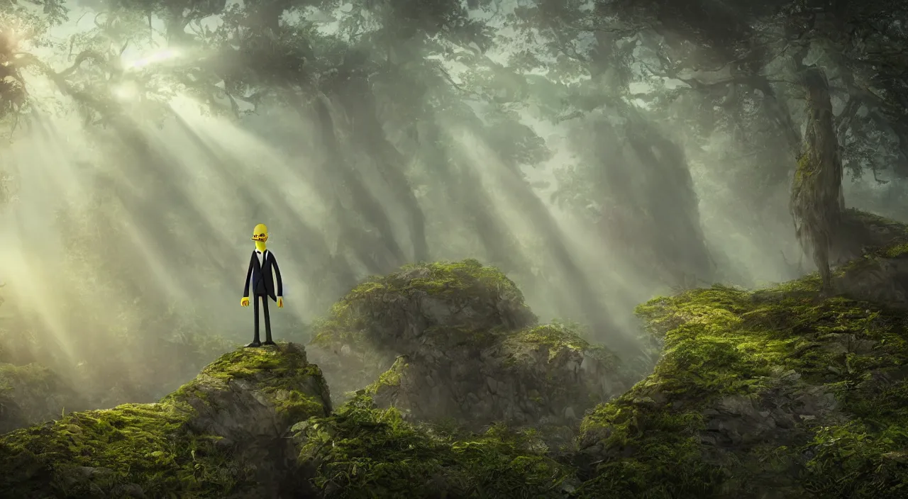 Image similar to photorealistic matte painting of mr burns standing far in misty overgrowth undergrowth jagged rock features volumetric fog light rays high contrast dawn