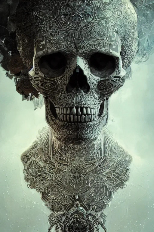 Image similar to concept art skull, the skull is decorated with art deco patterns, close - up portrait, powerfull, intricate, elegant, volumetric lighting, scenery, digital painting, highly detailed, artstation, sharp focus, illustration, concept art, ruan jia, steve mccurry