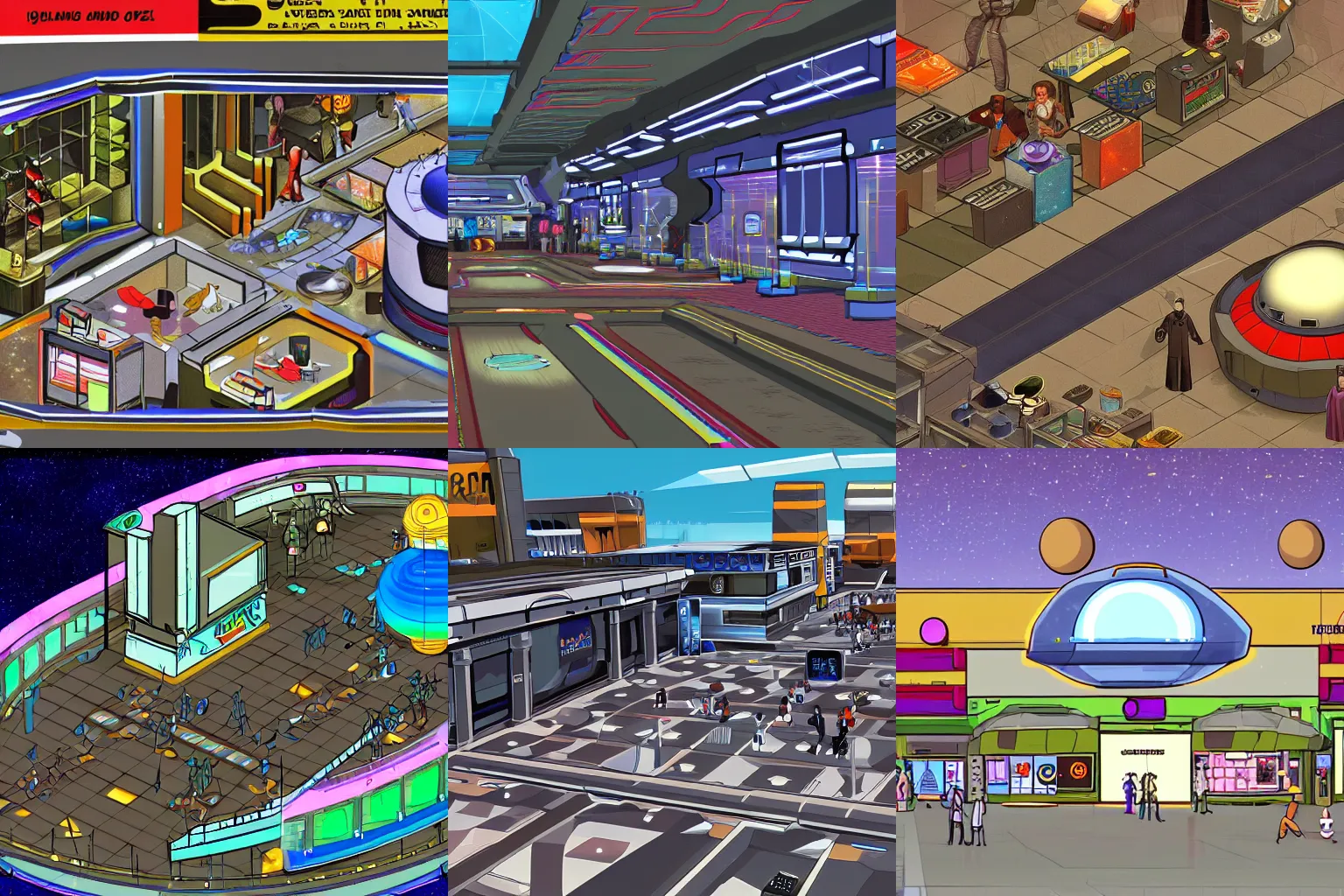 Prompt: a large open plaza with a clothing store at the side, inside a large passenger spaceship, from a space themed point and click 2D graphic adventure game, made in 1999, high quality graphics