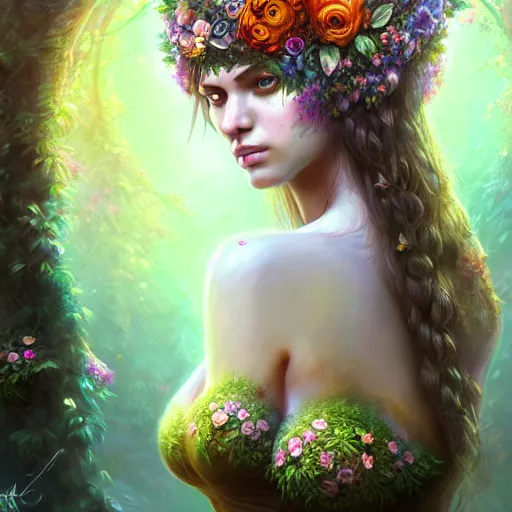 Prompt: upper body of a beautiful woman clothed in flowers and leaves standing in an enchanted forest, high fantasy, elegant, epic, detailed, intricate, digital painting, concept art, realistic detailed face, smooth, focus, rim light