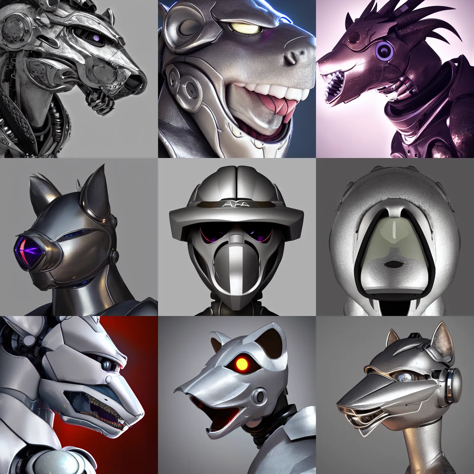 Prompt: very very beautiful furry art, bust profile picture of a male robotic anthro silver dragon, visor screen for face, snout under visor, commission on furaffinity, cgsociety, octane render, hard angles, metal