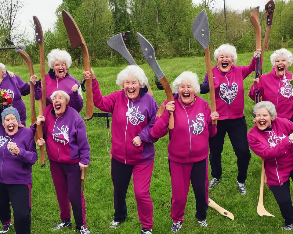 Prompt: a gang of old ladies waving axes, and flowers, and wearing Umbro track suits laughing maniacally and screaming