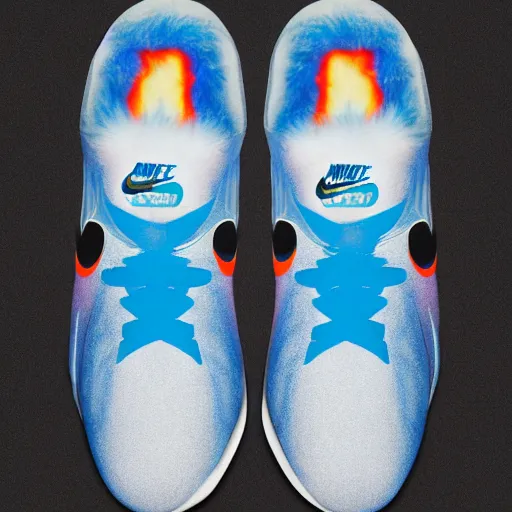 Image similar to poster nike shoe made of very fluffy colorful faux fur placed on reflective surface, professional advertising, overhead lighting, heavy detail, realistic by nate vanhook, mark miner