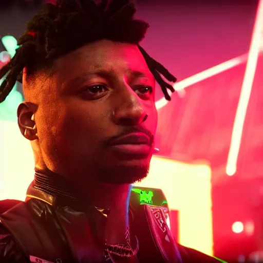 Prompt: 2 1 savage rapping on a stage in front of a crowd in cyberpunk 2 0 7 7, gameplay screenshot, detailed