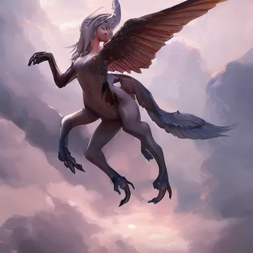 Image similar to Art station concept of a beautiful girl riding a gryphon, symmetrical face, smooth body features, by Stanley Artgerm Lau, WLOP, Rossdraws, James Jean, Andrei Riabovitchev, Marc Simonetti, and Sakimichan, trending on artstation