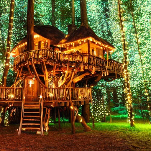 Image similar to a professional photograph of a treehouse village in a forest covered in fairy lights, HD, high quality, highly detailed, award-winning