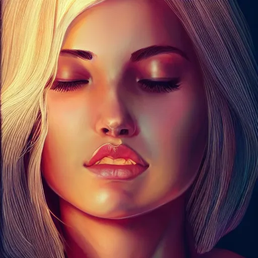 Image similar to a very beautiful blonde woman with her head tilted backwards, god ray across her face, eyes closed, front shot, close - up, hyper detailed, high contrast, bokeh background, realistic, artgerm 4 k