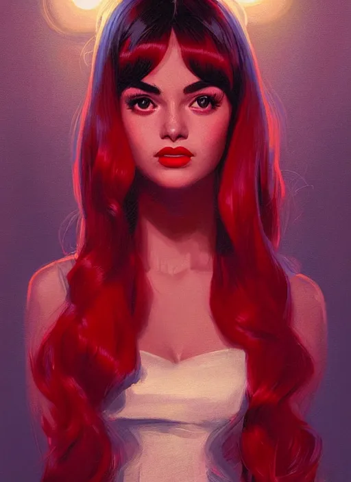 Image similar to portrait of veronica lodge with bangs, 1 9 6 0 s, long hair, red clothes, bangs, intricate, elegant, glowing lights, highly detailed, digital painting, artstation, concept art, smooth, sharp focus, illustration, art by wlop, mars ravelo and greg rutkowski