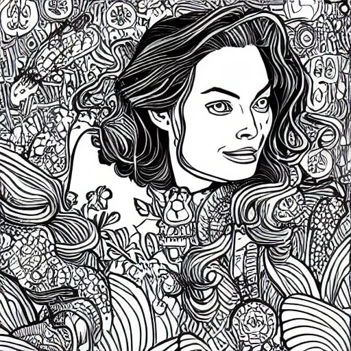 Prompt: detailed illustration of margot robbie in flat colour, by james jean, by yukio shimizu