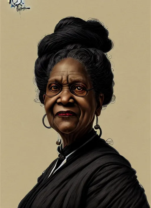 Image similar to a portrait of an old black woman with a crooked nose in victorian clothing, confident pose, intricate, elegant, sharp focus, illustration, highly detailed, concept art, matte, trending on artstation, anime, art by james jean and artgerm and brian despain and alberto mielgo, greg rutkowski, wlop, ilya kuvshinov, strong strokes