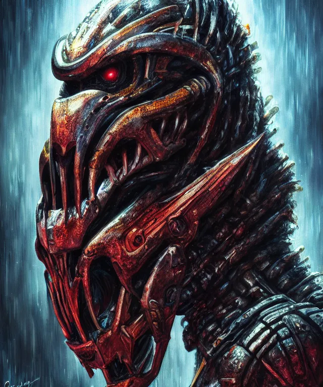 Image similar to a portrait of the predator by chris warner, sci fi, predator movie, oil on canvas, deep depth field, masterpiece, trending on artstation, featured on pixiv, cinematic composition, hyper - detailed, hd, hdr, 4 k, 8 k