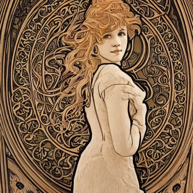 Image similar to a bas - relief wooden art nouveau sculpture of a young molly ringwald with long hair blowing in the wind, in front of a delicate tracery pattern, intricate and highly detailed, well - lit, ornate, realistic, by alphonse mucha