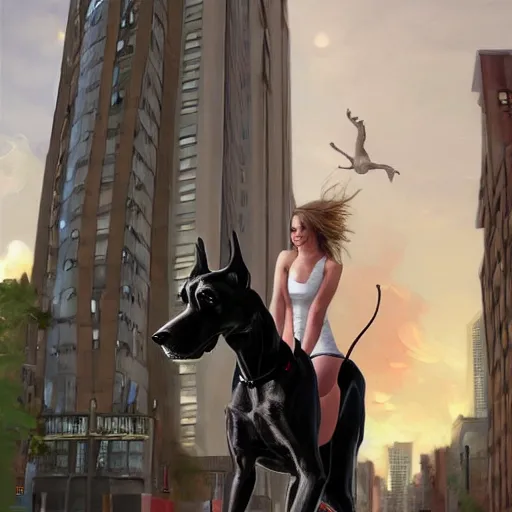 Prompt: girl riding giant great dane in the city, trending on artstation