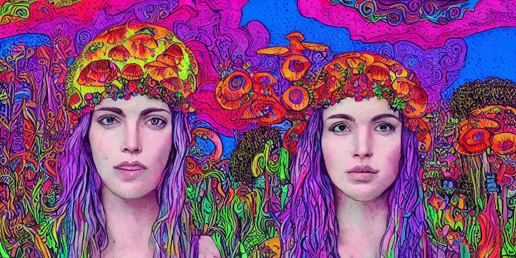 Image similar to portrait of cute hippy chick with mushrooms growing out her ears. background psychedelic landscape. highly detailed photorealistic