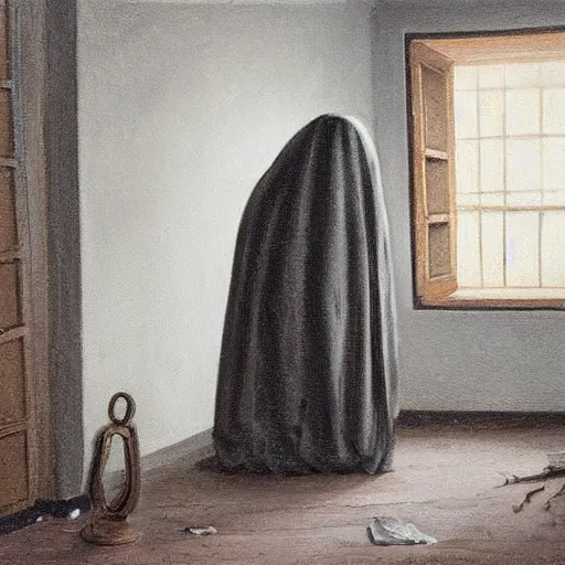 Image similar to ominous bedsheet ghost standing in the corner of a bedroom, oil painting, brush strokes, highly ornate intricate detail, gloomy mood,