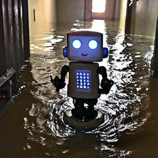 Image similar to a creepy robot at the end of a flooded basement hallway. craiglist photo.