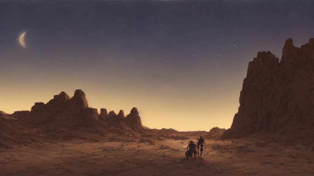 Image similar to patrick j. jones. rutkowski. approaching the last citadel in the lonely desert by moonlight. 3 8 4 0 x 2 1 6 0