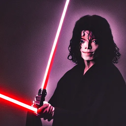 Image similar to “Michael Jackson as a Sith Lord holding a red lightsaber, cinematic lighting, beautiful composition, 8k resolution”