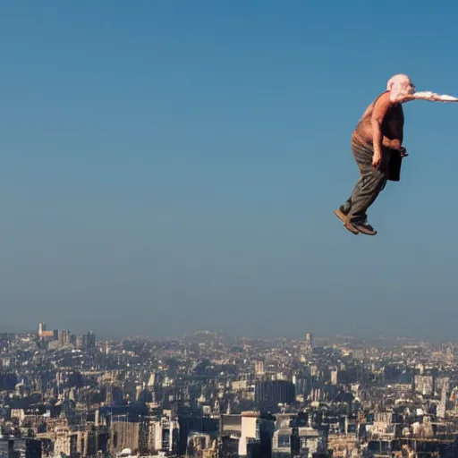 Prompt: huge ugly old man flying above the city