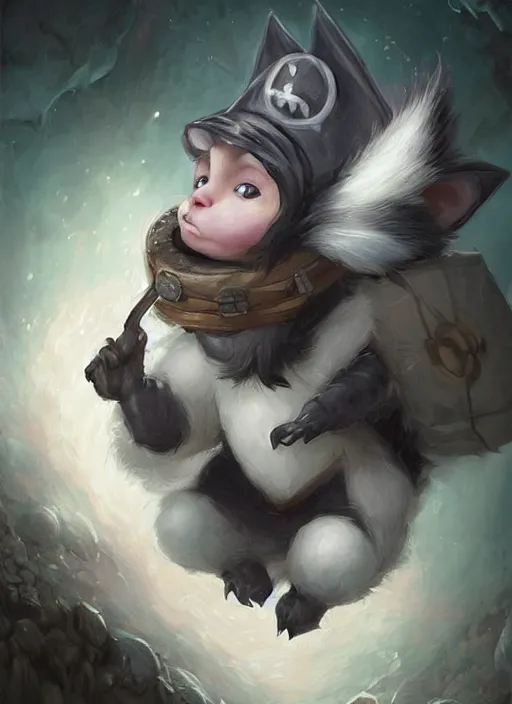 Image similar to cute little anthropomorphic skunk wizard wearing smoldereye (eyepatch), tiny, small, miniature animal, baby animal, short, pale black armor, cute and adorable, pretty, beautiful, DnD character art portrait, matte fantasy painting, DeviantArt Artstation, by Jason Felix by Steve Argyle by Tyler Jacobson by Peter Mohrbacher, cinematic lighting