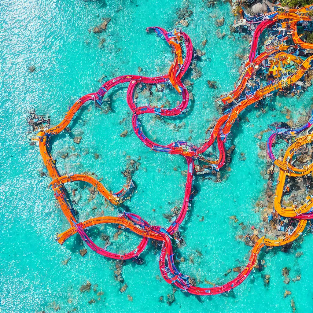 Image similar to colorful rollercoasters over pools of bright blue water, birds eye view