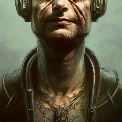 Image similar to a portrait of Ben Wyatt from Parks and Rec. sci-fi concept art by giger and beksinski and szukalski and wlop and pete mohrbacher, digital art, highly detailed, intricate, horror, sharp focus, Trending on Artstation HQ, deviantart, unreal engine 5, 4K UHD image