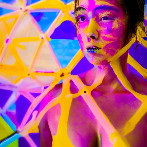 Prompt: a photo of a female made or of geodesic morfed structures, painted her body with ultraviolet paint, 5 0 mm lens, f 1. 4, sharp focus, ethereal, emotionally evoking, head in focus, volumetric lighting, 8 k