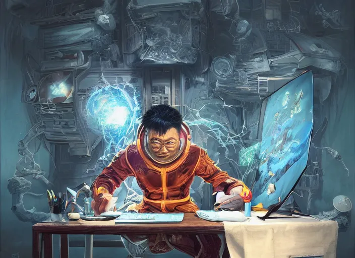 Image similar to an insanely detailed painting of an asian man wearing a homemade superhero costume, sitting at a desk, staring seriously at the computer and typing, in the style of peter mohrbacher, james jean, artgerm, dramatic lighting and composition, surreal background, octane render, pixar, trending on artstation, concept art, comic book, view from behind, 8 k