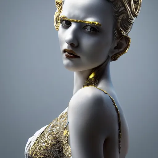 Image similar to a marble statue masterpiece of a gorgeous evil woman with white and gold, macro detailed oily skin, by kim jung gi, irakli nadar, intricate linework, bright colorshighly detailed, sharpness. victorian dress, hyper realistic., close up, face only, portrait, bright lights, bright render, octane render, corona render