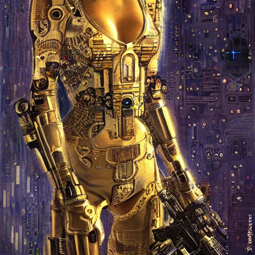 Image similar to cybernetic female supersoldier armed with laser rifle, intricate detail, klimt, royo, whealan,