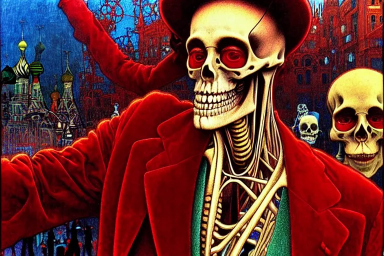 Image similar to realistic detailed closeup portrait painting of a single skeleton wearing red velvet blazer in a crowded futuristic moscow street by Jean Delville, Amano, Yves Tanguy, Alphonse Mucha, Ernst Haeckel, Edward Robert Hughes, Roger Dean, rich moody colours, blue eyes