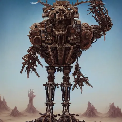 Image similar to A highly detailed monstrous mechanical cowboy made of the bones of dead enemies by Peter Mohrbacher, desert environment background by Kelly Mckernan, trending on artstation, HD, 8k,