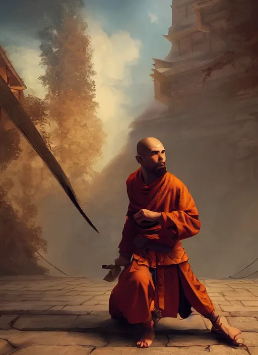 Image similar to A fantasy comic book style portrait painting of a monk as a martial arts fighter in a serene temple, unreal 5, DAZ, hyperrealistic, octane render, RPG portrait, ambient light, dynamic lighting