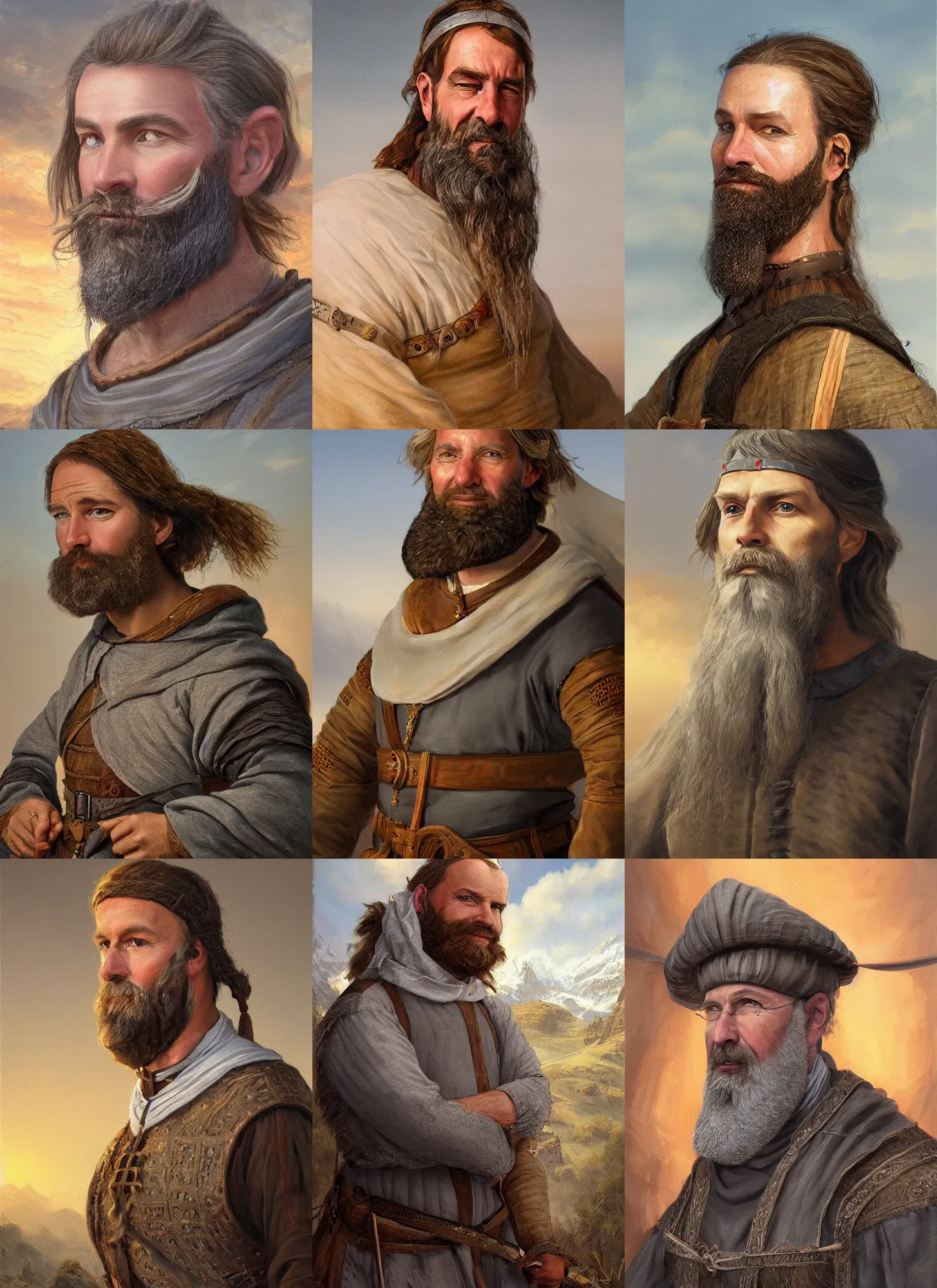 Prompt: a stunning painting of ian andrew hecox with a grey ponytail and short grey beard dressed as a medieval explorer, james gurney, digital art, golden hour