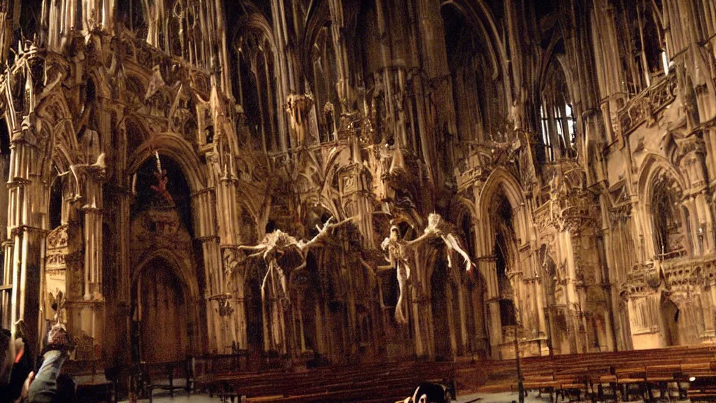 Prompt: A practical effects puppet of a cute by scary Monster with scaly skin and crazy hair by Rick Baker and Chris Walas, inside a gothic cathedral. A film screenshot from a horror movie directed by David Cronenberg. Cinamatography by Denis Villeneuve and Christopher Nolan.