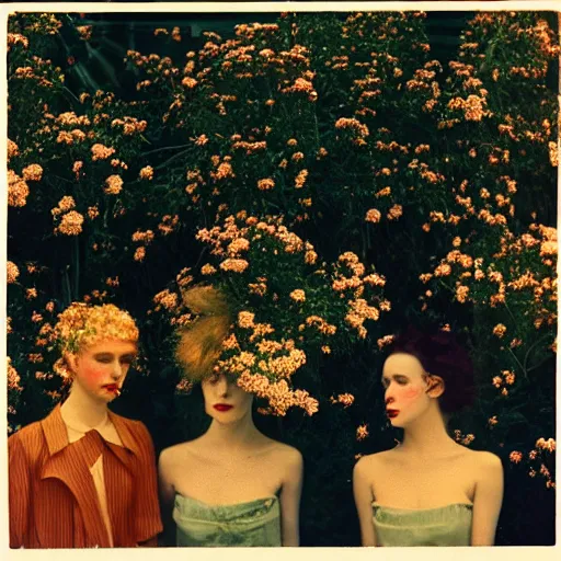 Image similar to Medium shot portrait, post-punk models, wrapped in cables and flowers, dreamy autochrome pinhole photography by Barry Lyndon