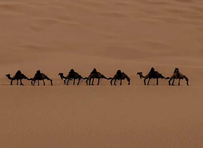 Image similar to a 2 8 mm macro tilt shift view of a camel caravan crossing sand dunes in the desert with the afternoon sun, photography, film, film grain, canon 5 0 mm, cinematic lighting, golden hour, sandstorm,