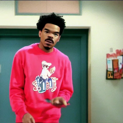 Prompt: a tv still of Chance The Rapper starring as a college student in a 1989 black sitcom, 40mm lens