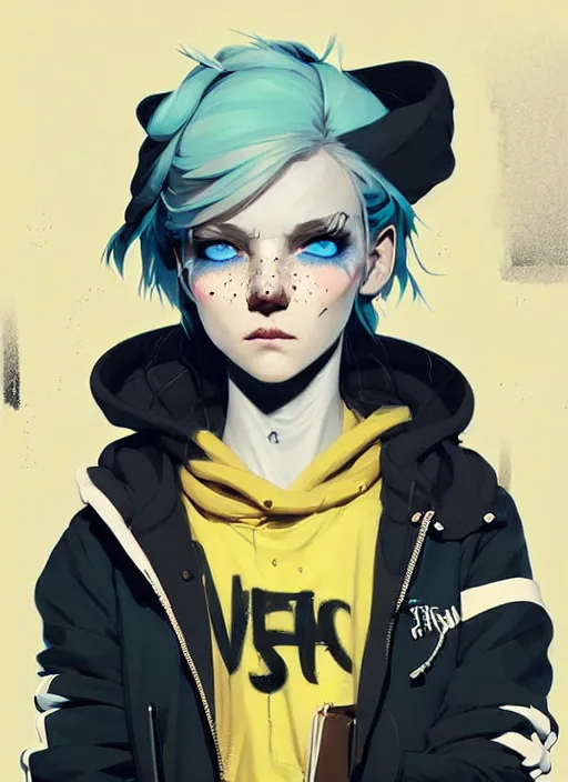Image similar to highly detailed portrait of a sewer punk lady student, blue eyes, tartan hoodie, white hair by atey ghailan, by greg rutkowski, by greg tocchini, by james gilleard, by joe fenton, by kaethe butcher, gradient yellow, black, brown and pink color scheme, grunge aesthetic!!! ( ( graffiti tag wall background ) )