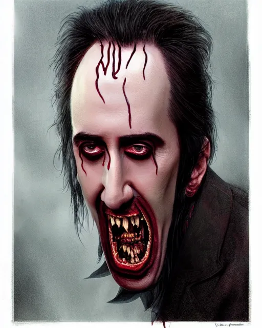 Image similar to nicolas cage as dracula, fangs, highly detailed, centered, artstation, concept art, smooth, sharp focus, illustration, bokeh art by artgerm and donato giancola and joseph christian leyendecker zdzisław beksinski