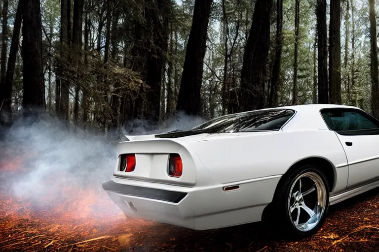 Image similar to reflective white pontiac firebird with flames paintjob with angelic wings attached to sides of the roof, dramatic, cinematic, forest, volumetric lighting