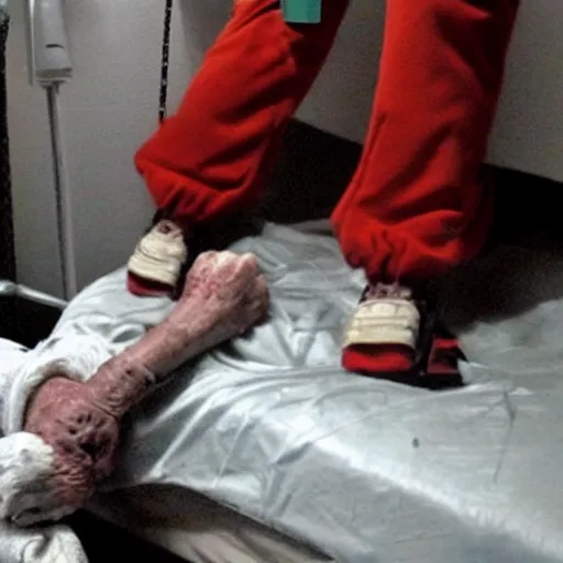 Prompt: elderly clown with violent restraints connected to hospital bed