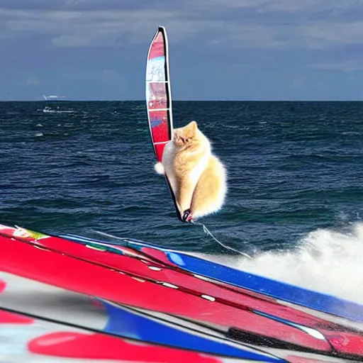 Image similar to A ragdoll cat windsurfing, cool, impressive, skilled, cartoon