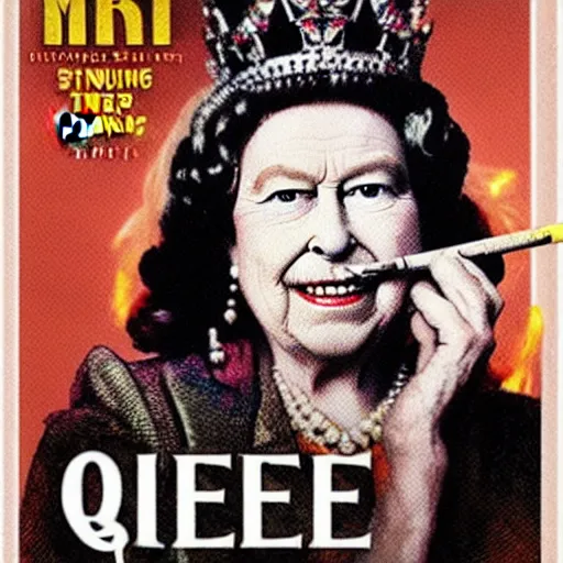 Prompt: Queen Elizabeth smoking weed Bob Marly Cover Art