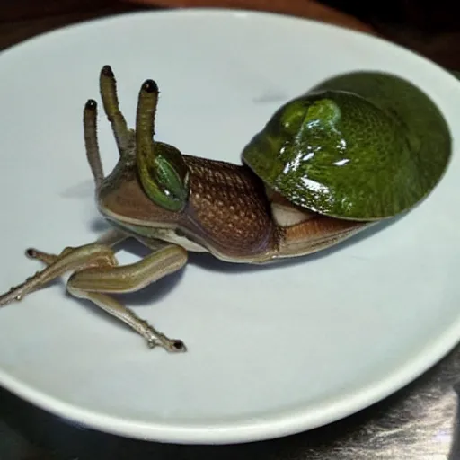 Prompt: snail with frog legs