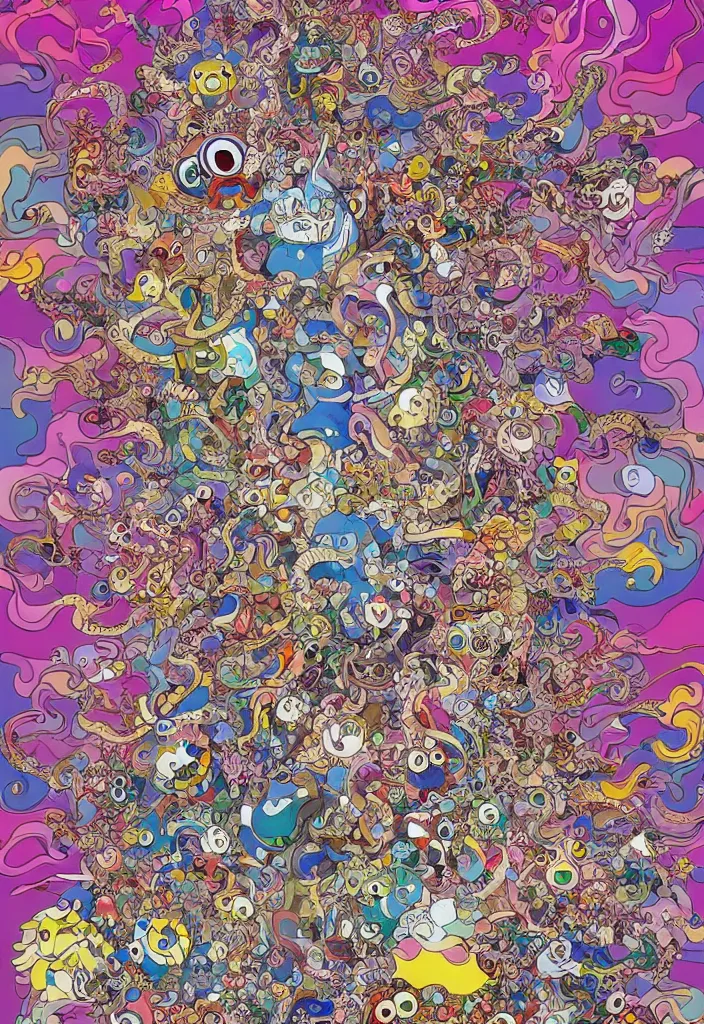 Image similar to bicameral humanoid mythical beast, fantastical, cute, and beautiful hybrid of different animals, a humorous psychedelic creature concept design by Moebius, Studio Ghibli, in the style of Takashi Murakami, symmetrical 4K